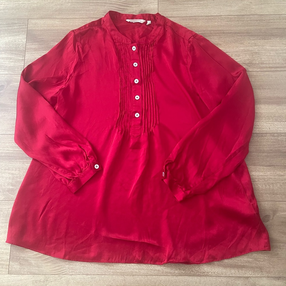 Soft Surroundings Red 100% Silk Button-Up Blouse Long Sleeve Womens Size L